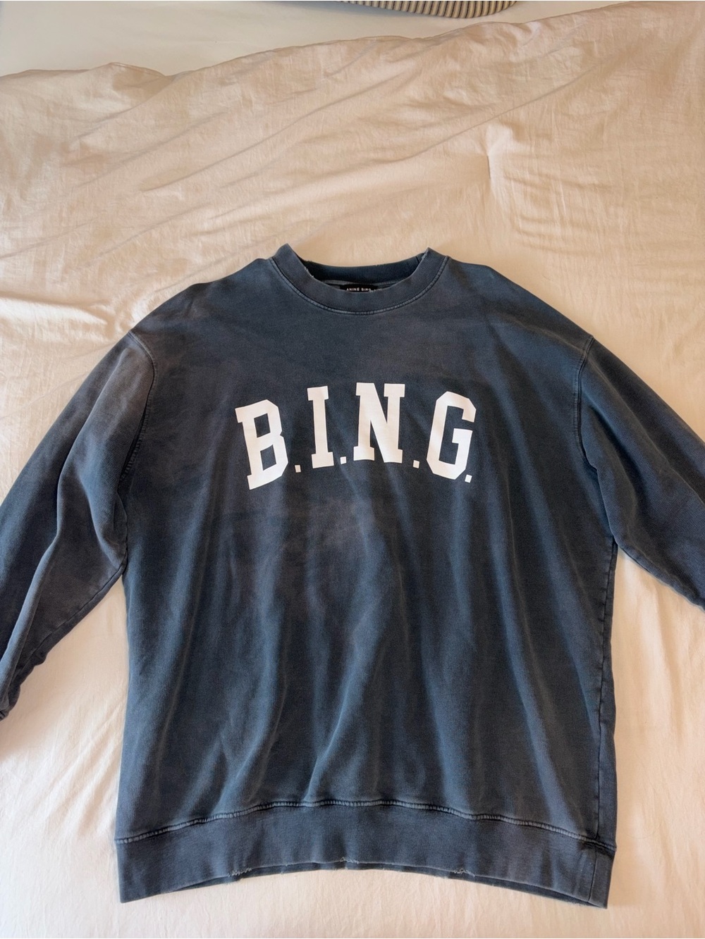 Anine Bing Navy Crewneck Sweater with White B.I.N.G. Logo